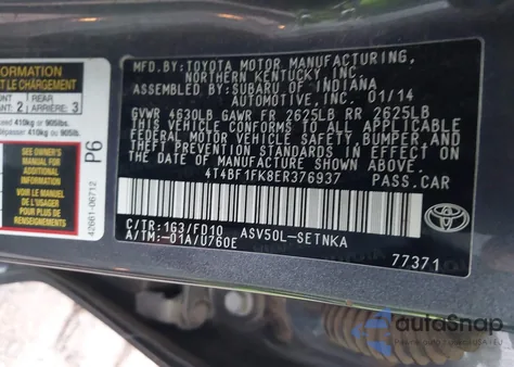 2014 Toyota Camry L from USA, damaged, VIN 4T4BF1FK8ER376937